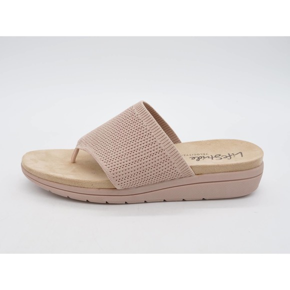 LifeStride Sandals Womens 10 Beige Fabric Platform Wedge Heel Toe Post Poolside - Picture 2 of 10